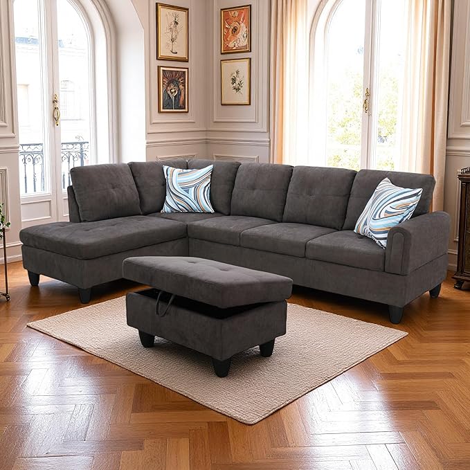 L Shaped Couch Sectional Couches with Chaise and Storage Ottoman, Fluffy Fabric 3 Pieces Modular Convertible Sofa for Living Room Furniture Sets and Small Apartment, Dark Brown