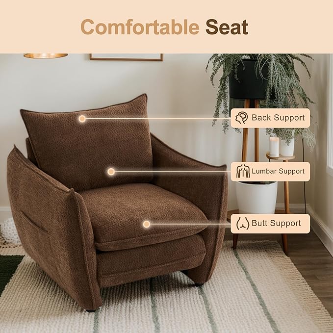 Oversized Accent Chair, Modern Single Sofa Cloud Chair with Removable Pillow, Deep Seat Comfy Armchair for Living Room Bedroom Reading Nook - Upholstered Lounge Chair (Brown, Set of 2)