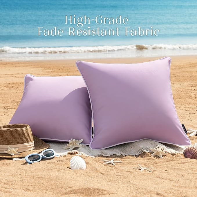 Phantoscope Pack of 2 Outdoor Waterproof Throw Pillow Covers Decorative Square Cushion Case Patio Pillows for Couch Tent Sunbrella, Lavender Purple 18x18 inches
