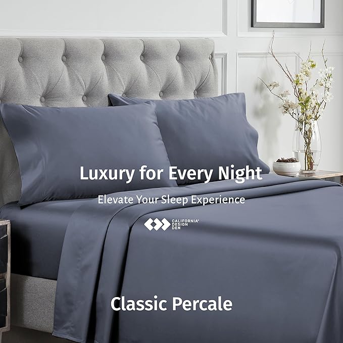 California Design Den Certified 100% Egyptian Cotton California King Sheets Set - Percale Cal King Sheet Set with Deep Pockets, Cool, Crisp & Durable Luxury Bedding - Mineral Blue