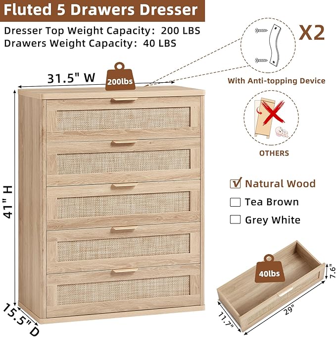 LEYAOYAO Rattan Dresser for Bedroom Set 2, 41" Tall Chest of Drawers, Modern 5 Drawers Boho Dressers with Storage, Light Oak Dresser Wooden Closet Organizer for Living Room, Hallway, Natural Wood