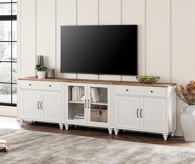 WAMPAT Farmhouse TV Stand for 100 Inch TV, 3-in-1 TV Console Table for 75/80/85/90 Inch TV, Entertainment Center with Glass & Wood Door, Kitchen Sideboard Buffet Cabinet for Dining Room, White