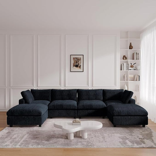 JACH Modern U Shape Sectional Couch, Convertable Modular Couches with Chaise Ottomans, Deep Seat Sofas, Sofa Covers Washable, Minimalist Plush Sofa for Living Room, Apartment, Black