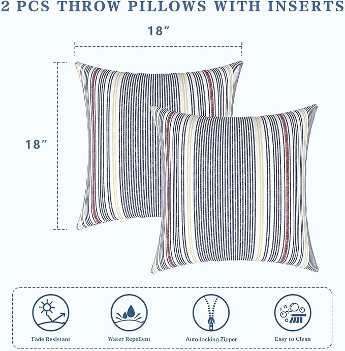 LVTXIII Outdoor/Indoor Throw Pillows, Decorative Throw Pillows with Inserts, 18"x18" Square Pillows for Bed, Couch, Sofa and Patio Furniture, Set of 2, Stripe Denim Blue