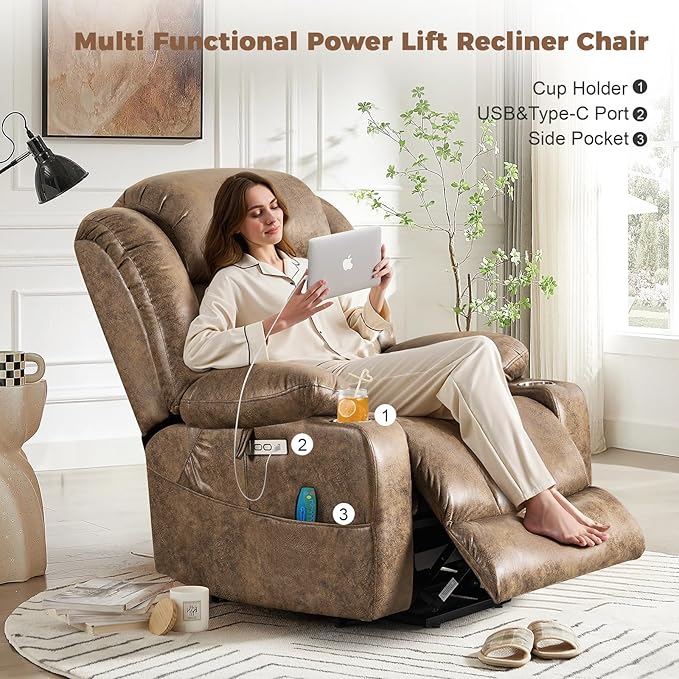 HUSFU Oversized Power Lift Recliner Chairs for Elderly with Massage and Heat, Extra Wide Recliners,Breathable Leather Lift Chairs w/Cup Holders, USB & Type-C Ports, Brown,1PC