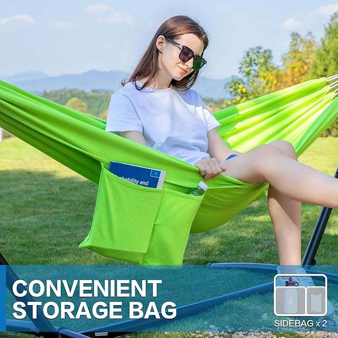 PNAEUT Double Hammocks with Stand for Outside, Portable Space Saving Heavy-Duty Steel Stand for Indoor Outdoor Patio with Carrying Bag, 450 lbs Capacity (Green)