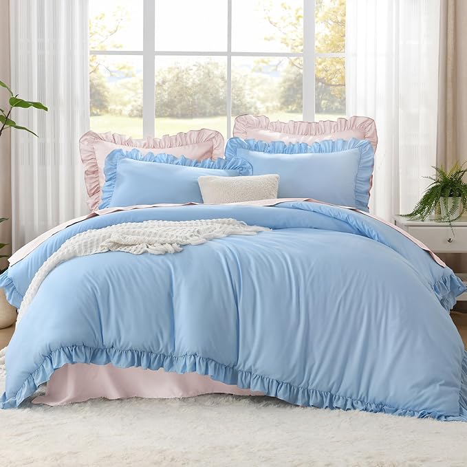Litanika Light Blue Queen Comforter Set, 3 Pieces Ruffle Farmhouse Aesthetic Bedding Comforter Set, All Season Soft Lightweight Fluffy Microfiber Bed Set(90x90In Comforter, 2 Pillowcases)