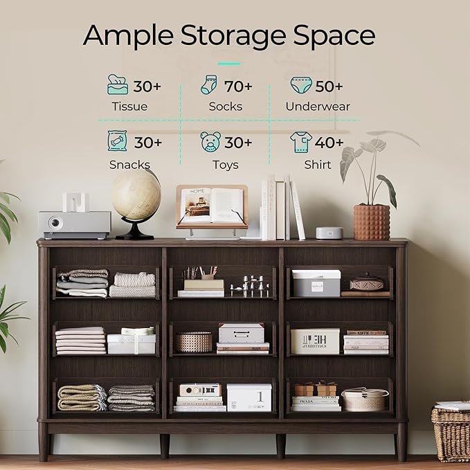 LINSY HOME Rattan Dresser for Bedroom with 9 Drawers, 58" Wide Chest of Drawers, Mid Century Modern Dresser TV Stand with Metal Handle, Wood Closet Storage Cabinet for Living Room, Hallway, Walnut