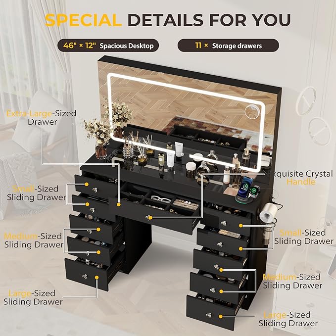 Vanity Desk with Mirror and Lights, 11 Drawers Makeup Vanity Desk with Tempered Glass top, 3 Lighting Modes Adjustable Brightness, Black Vanity with Magnetic 5X Magnifier for Bedroom