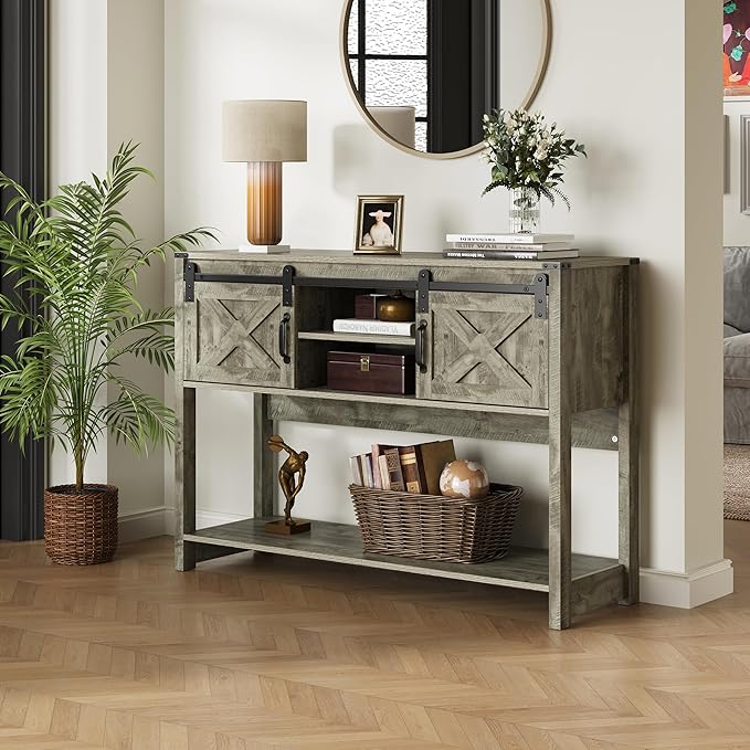 RoyalCraft Console Table with Storage Shelf & Sliding Barn Door, Farmhouse Entryway Table with Storage, 46" Narrow Long Sofa Table, Behind Couch Table, Console Tables for Living Room, Entryway, Foyer