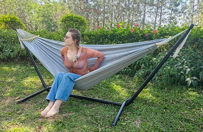 Double Hammock 2 Person Large 220x150cm with Steel Stand and Removable Spreader bar Load 500lb, Canvas Cotton Hammocks for Patio Porch Garden Backyard Outdoor and Indoor