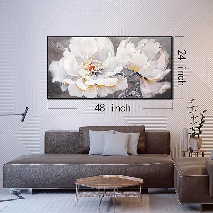 White Flower Painting Wall Decor for Living Room - Modern Framed Wall Art Bedroom - Home Decor for Women Ready to Hang Size 24" x 48"
