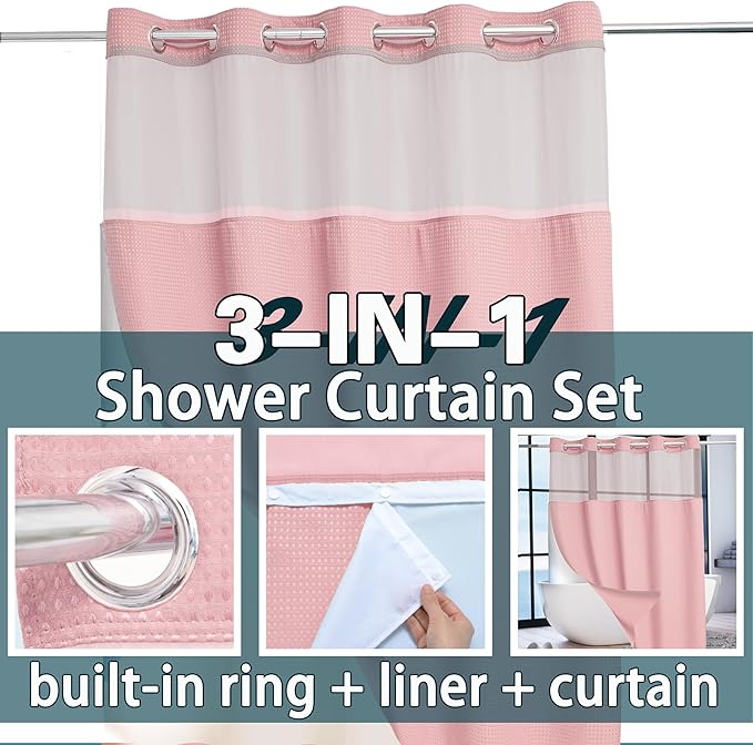 Extra Long No Hook Waffle Weave Shower Curtain with Snap in Liner Set, Hotel Luxury Pink Shower Curtains for Bathroom with See Through Top Window, Waterproof, Washable 71W x 84H