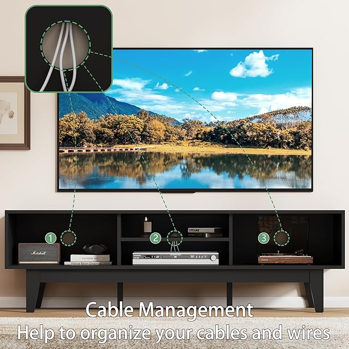 Fluted TV Stand for 55 65 Inch TV, Mid Century Modern Entertainment Center with Shelves, Cabinets & Sliding Doors, TV Media Console Table with Wood Feet & Cord Holes for Living Room, Bedroom, Black