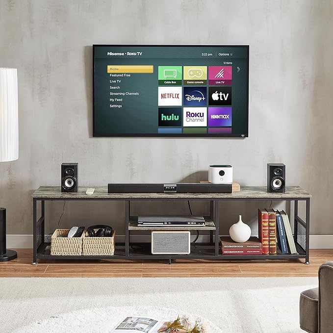 VECELO TV Stand with Power Outlets for Televisions up to 80Inch, 70" Media Entertainment Center with Charging Station 3-Tier Open Storage Shelves with Metal Frame for Living Room/Bedroom，Grey