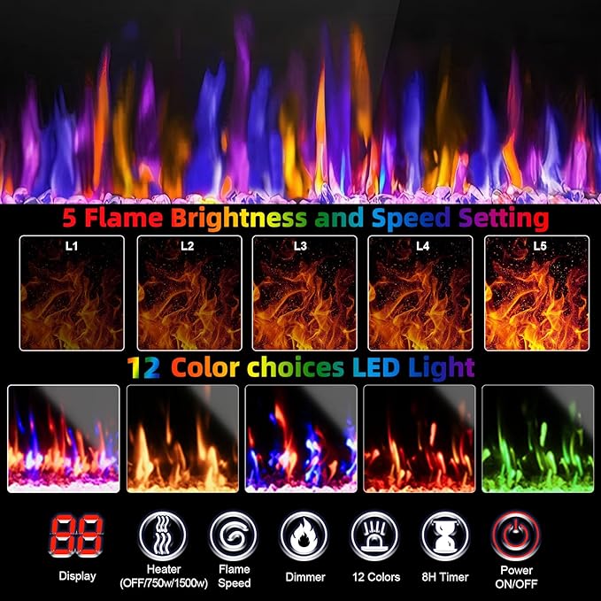 Ludatido 70 Inch TV Stand with 36 inch Electric Fireplace 27 LED Light Entertainment Center for TVs Up to 80" Black Modern Wood Media TV Console with Highlight Cabinet for Living Room Black