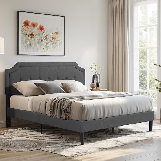 VECELO Full Size Platform Bed Frame with Fabric Upholstered Headboard and Wooden Slats Support, No Box Spring Needed/Easy Assembly,Grey