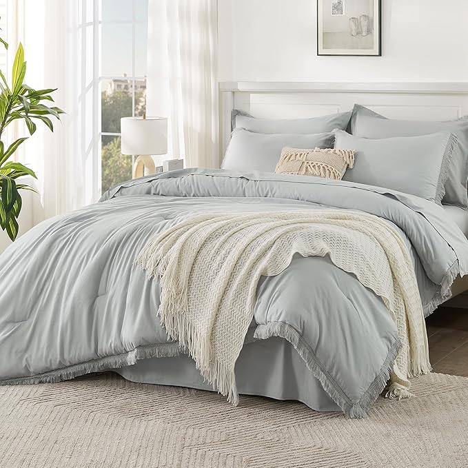 Andency Light Grey Full Size Comforter Set with Sheets - 7 Pieces Boho Tassel Bed in a Bag Soft Lightweight Bedding Sets, Light Grey Fringe Bed Set with Comforter, Sheets, Pillowcases & Shams