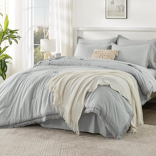 Andency Light Grey Full Size Comforter Set with Sheets - 7 Pieces Boho Tassel Bed in a Bag Soft Lightweight Bedding Sets, Light Grey Fringe Bed Set with Comforter, Sheets, Pillowcases & Shams