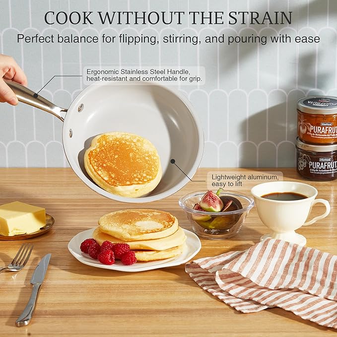 KITEXPERT Non Stick Frying Pans Set, Titanium Ceramic Pan Skillet Set Non Toxic, 8" 9.5" 11" Nonstick Frying Pan, Stainless Steel Handle, Dishwasher & Oven Safe, PFAS & PTFE & PFOA Free, Cream