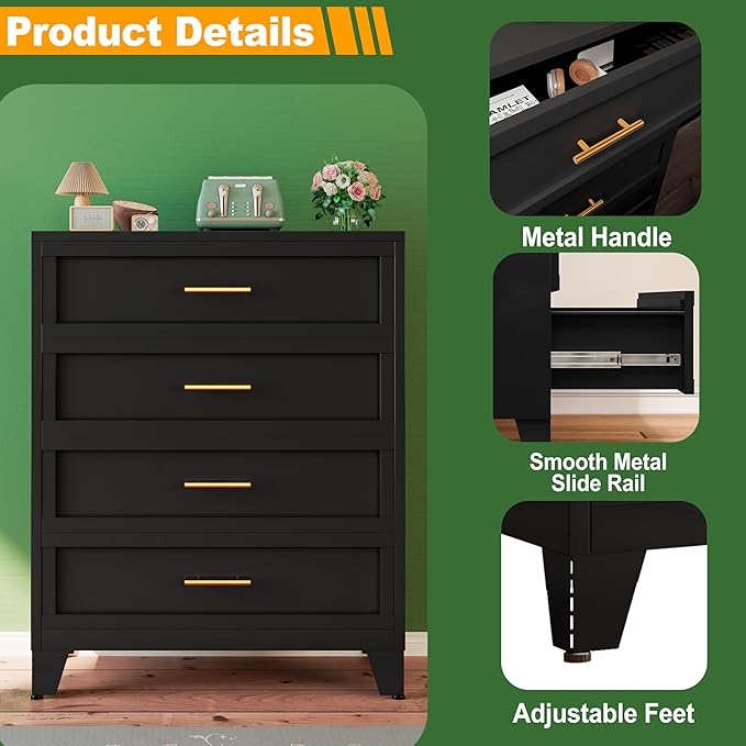 Metal Dresser Tall Black Dresser for Bedroom Chest,43.11" H Drawer Chest, Closet Dressers & Chests of Drawers for Living Room, Hallway (4 Drawers)