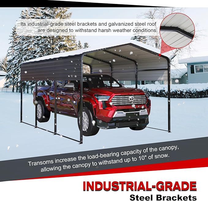 Metal Carport Kit 10x15 FT Heavy Duty Galvanized Garage Shed for Car Truck Boat Outdoor All Weather Sunshade Car Shelter with Enhanced Base Sloped Top (Black)