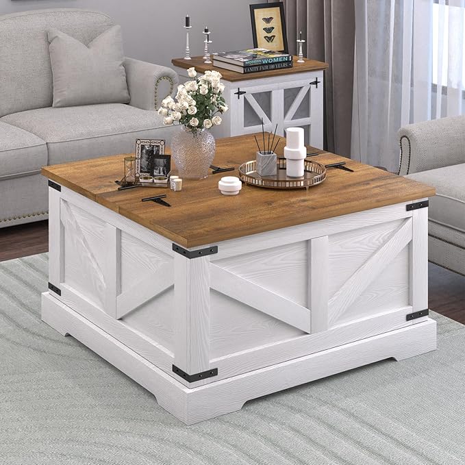 Farmhouse Coffee Table with Hidden Storage Compartment, White Square Coffee Table for Living Room, Wood Center Table with Hinged Lifting Tabletop for Home