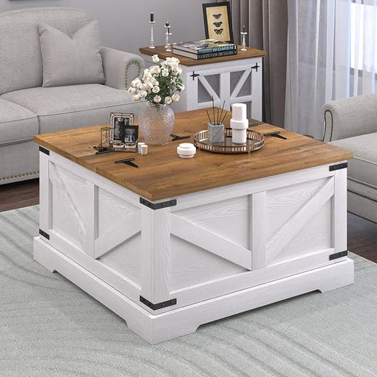 Farmhouse Coffee Table with Hidden Storage Compartment, White Square Coffee Table for Living Room, Wood Center Table with Hinged Lifting Tabletop for Home
