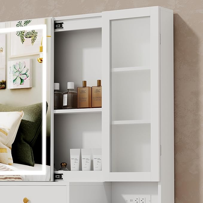 White Makeup Vanity Desk with Sliding Mirror and LED Lights,Power Outlet&Vanity Stool for Makeup Table,Makeup Organizer Countertop Cabinets&5 Storage Drawers, Vanity Table for Women