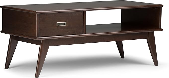 SIMPLIHOME Draper SOLID HARDWOOD 48 inch Wide Rectangle Mid Century Modern Coffee Table in Medium Auburn Brown for the Living Room and Family Room