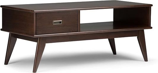 SIMPLIHOME Draper SOLID HARDWOOD 48 inch Wide Rectangle Mid Century Modern Coffee Table in Medium Auburn Brown for the Living Room and Family Room