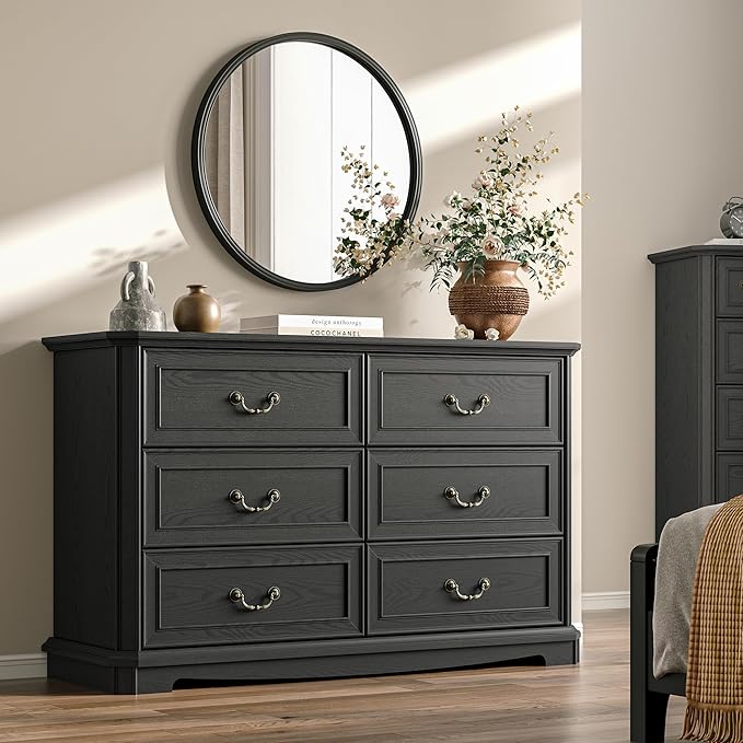 Farmhouse Dresser for Bedroom with 6 Drawer, 48" Wide Rustic Chest of Drawers with Metal Handle, Wood Vintage Dresser TV Stand, Wooden Closet Storage Dressers Organizer for Living Room, Hallway, Black