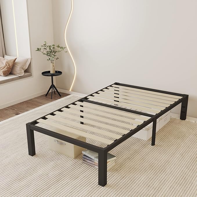 ROIL 18 inch Twin Size Bed Frames with Wide Wood Slats - 3500lbs Heavy Duty No Box Spring Needed Platform, Mattress Stoppers Single Metal Noise Free, Headboard Hole Underneath Storage