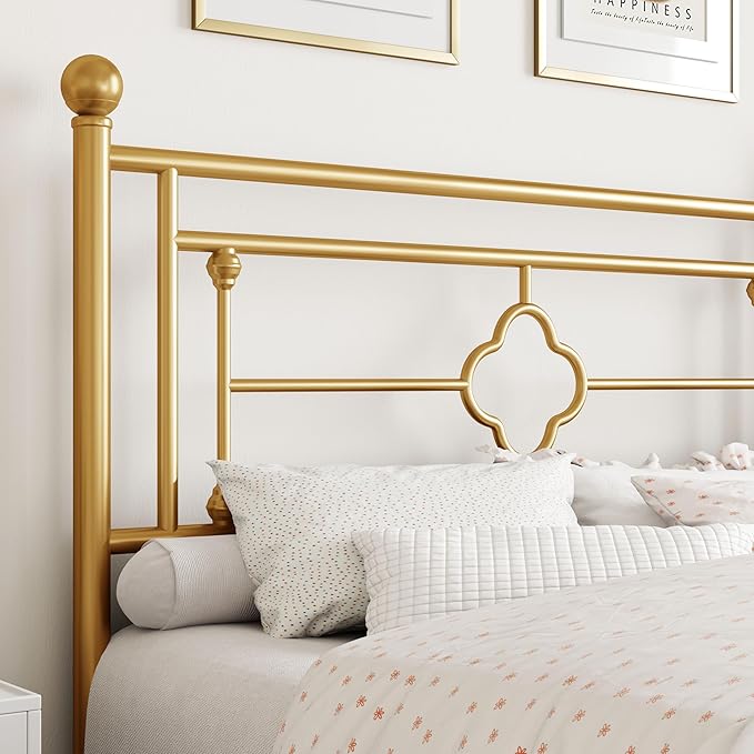 SHA CERLIN 14 Inches King Size Metal Platform Bed Frame/Vintage Iron-Art Headboard and Footboard/Mattress Foundation for Storage/No Box Spring Needed/Noise-Free/Easy Assembly/Gold