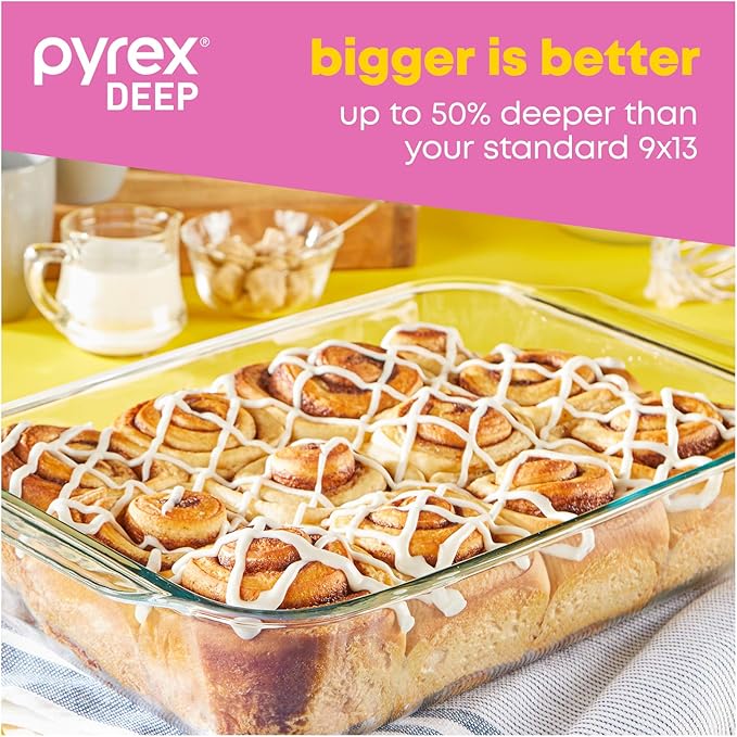 Pyrex Deep 3-Pack Glass Baking Dish Set (9"x13", 7"x11", 8"x8") With BPA-Free Lids, Rectangular Glass Bakeware, Dishwasher, Microwave, Freezer & Pre-Heated Oven Safe