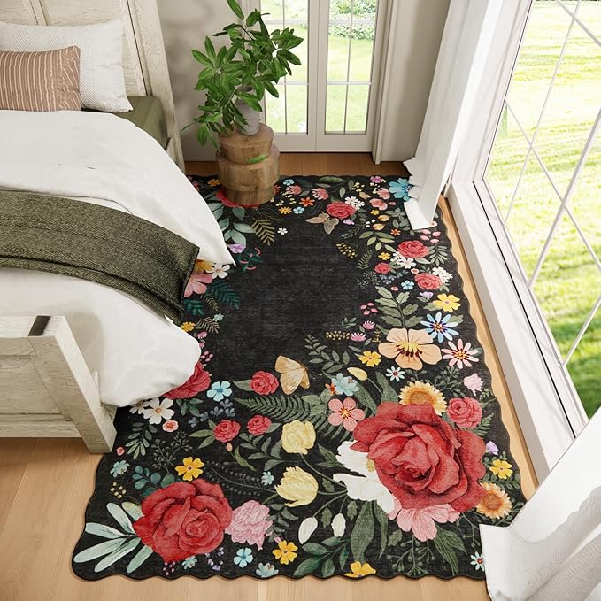 Floral Washable 6'x9' Area Rugs for Bedroom, Soft Lightweight Rug for Living Room Non Slip Dining Room Black Rug, Stain Resistant Boho Vintahe Easy Clean Throw Carpet for Office