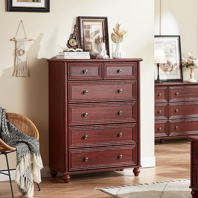 Farmhouse 6 Drawer Dresser Set of 2, Chest of Drawers for Bedroom, 43.5" Tall Dresser with Roman Column, Rustic Wood Storage Dressers Organizer for Living Room, Hallway, Closet(Red Oak)