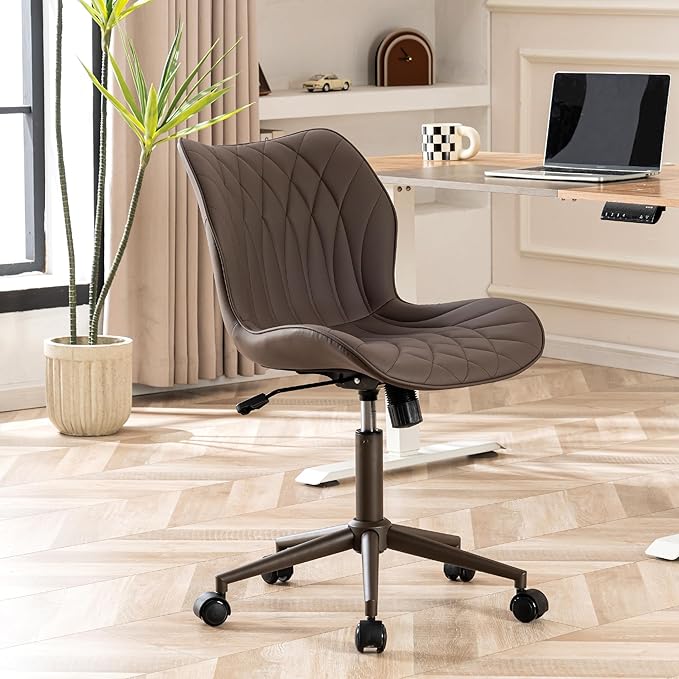 YOUNUOKE Armless Desk Chair Comfy Office Chair with Wheels Home Ergonomic Task Chair Adjustable Computer Chairs Modern Faux Leather Swivel Chair Upholstered Makeup Vanity Chair with Back(Brown)