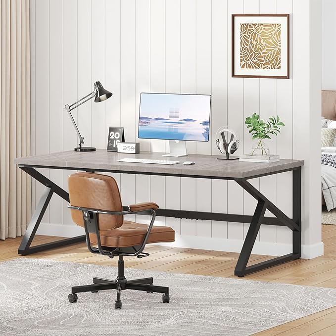 IBF 70 Inch Large Home Office Desk, Industrial Long Executive Work Writing Study Computer Table, Farmhouse Big Metal Wood Double Desk for Bedroom Living Room, Rustic Dual Monitor Desk, Light Grey