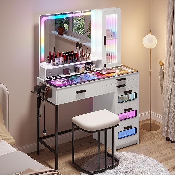 HENBC Vanity with Mirror and LED Lights, Glass Top Vanity Desk with Charging Station(Wireless+USB+Type-C), RGB Makeup Table Set with Stool/Makeup Organizer/6 Drawers for Bedroom,White