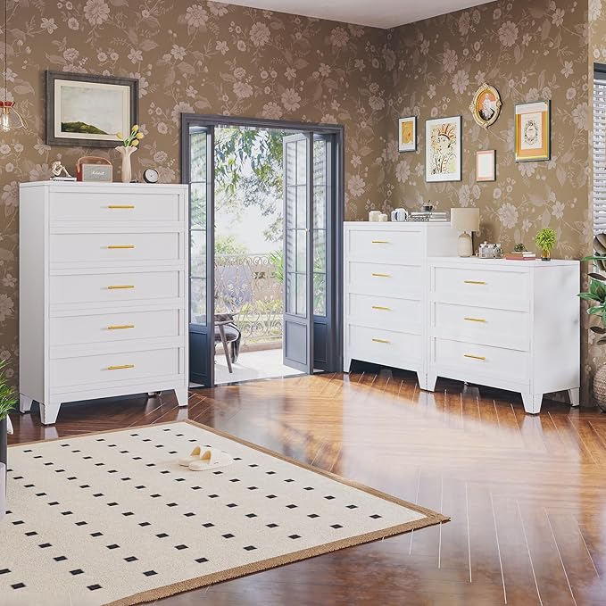 43.11" Tall Metal Dresser for Bedroom, 4 Drawer White Dresser Chest with Gold Handles, Closet Dressers Chests with Fluted Panel, Vertical Storage Cabinet for Living Room, Entryway, Hallway