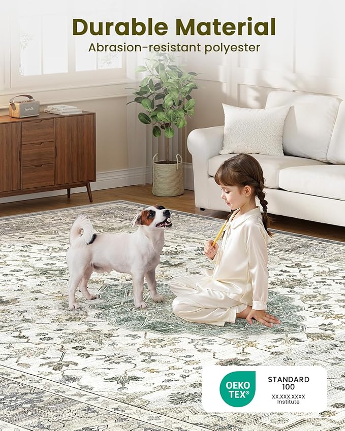 HOMFINE Machine Washable Rug 9'x12' - Vintage Design Area Rugs with Non Slip Rugs for Living Room Bedroom Floral Print Rug Carpet Stain Resistant, Home Decor Office Area Rug, Beige Green