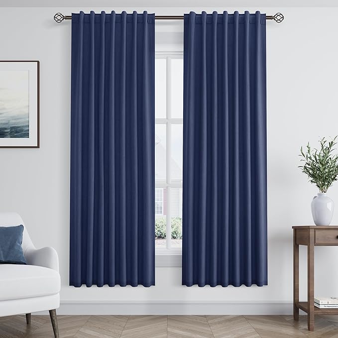Guken Blackout Curtains 72 Inch Length 2 Panels Set for Living Room Bedroom Back Tab Thermal Insulated 100% Black Out Linen Drapes Room Darkening Window Curtains 72 Inches Long,Classic Blue