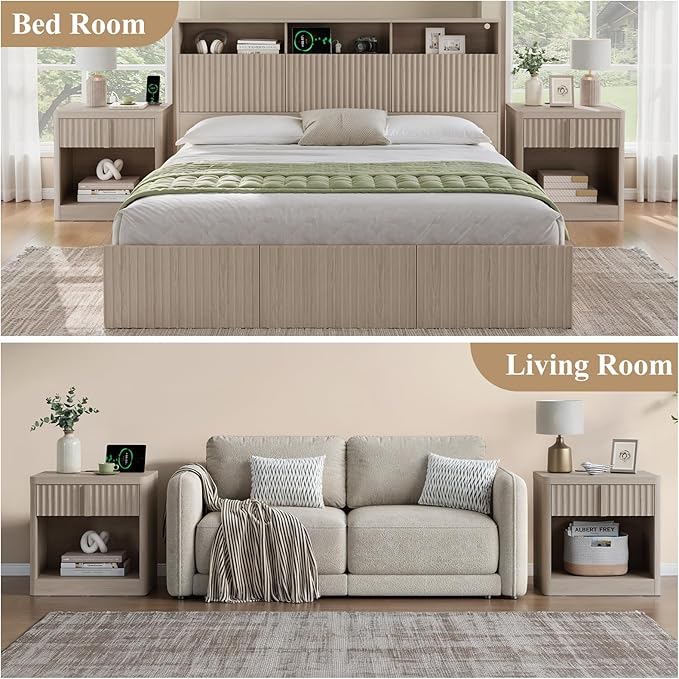 Fluted Nightstand Set of 2 with Charging Station, 23.6" Wood End Table with Solid Wood Handle, Curved Profile Design, Mid Century Moden Bedside Table for Bedroom, Living Room, Natural Oak