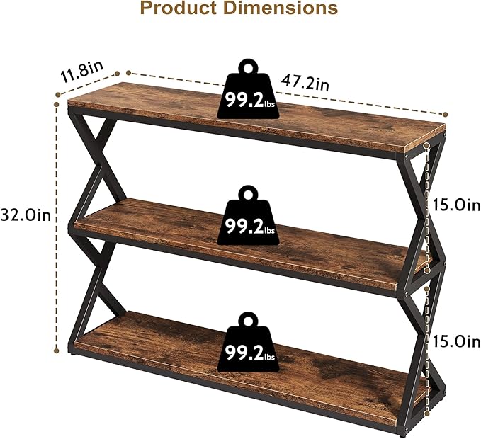 47.2 Inch Rustic Console Table, Industrial Entryway Table with 3-Tier Shelves - Long Hallway Sofa Table, TV Stand & Media Center for Living Room, Vintage Brown
