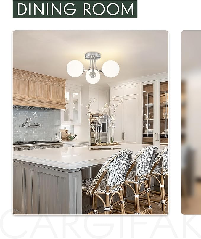 3-Globe Brushed Nickel Semi Flush Mount Ceiling Light in a Modern Farmhouse Design is Ideal for Living Rooms, Bedrooms, or Dining Rooms. Model:CKCL4845-3W-BN