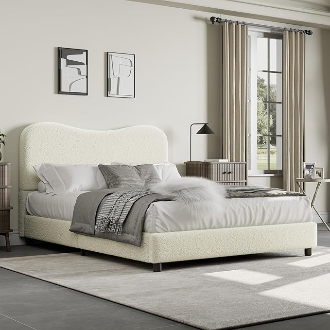 GarveeHome Queen Bed Frame for Kids with Velvet Upholstered Headboard, Cute Low Profile Platform Bed for Girls and Boys, No Box Spring Needed, Strong Wooden Slats, Noise Free, Easy Assembly, Beige