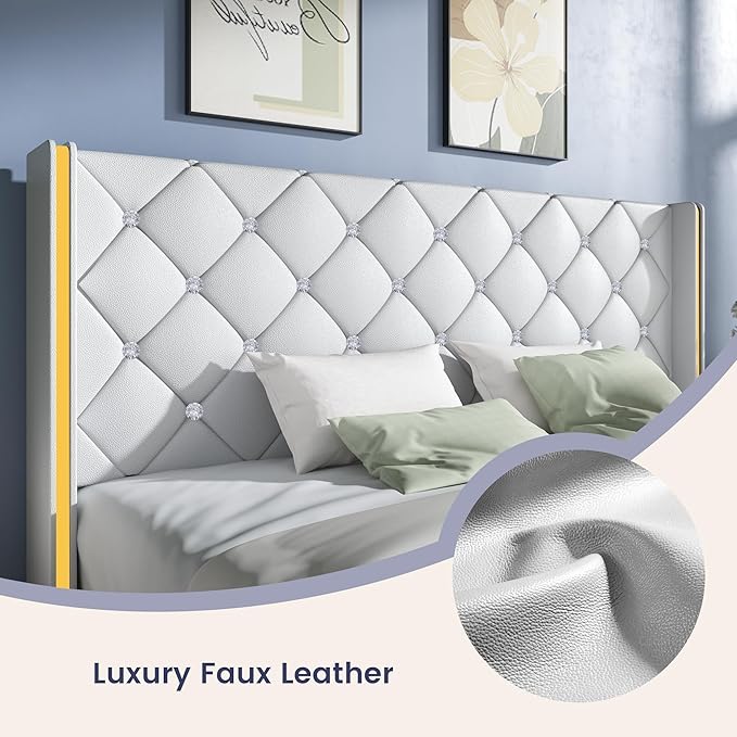 Full Upholstered Bed Frame with Headboard, Faux Leather Platform Bed with Wingback Design, Modern Diamond Bed Frame with Tufted Deep Button, No Box Spring Needed, Easy Assembly, White