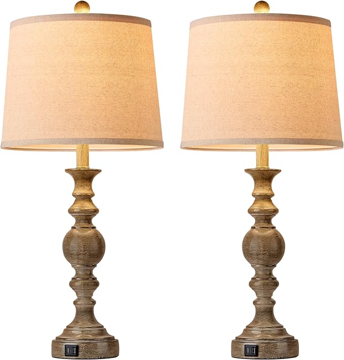Farmhouse Table Lamps for Living Room Set of 2, Rustic Table Lamp with USB Ports, 28" Tall Table Lamps for Bedroom Nightstand, Bulb Not Included