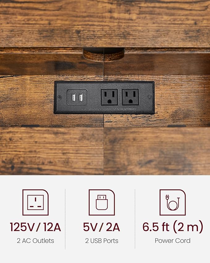 VASAGLE 55.1-Inch Console Table with Outlet and Shelves, Sofa Table with Charging Station, Behind Couch Table Skinny, Entryway Table for Hallway, Living Room, Rustic Brown and Ink Black ULNT120K01